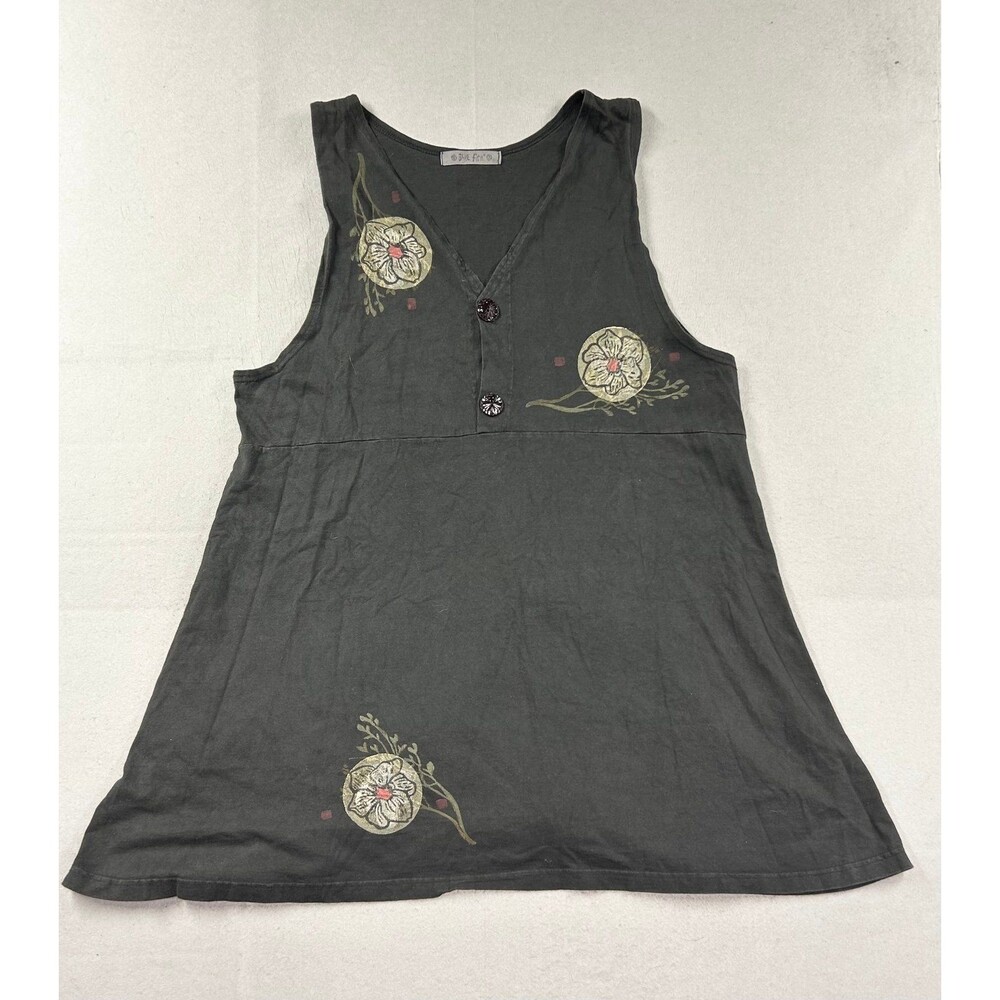 Vintage Blue Fish Tunic Women's Button Painted Oversized Floral Embroidered